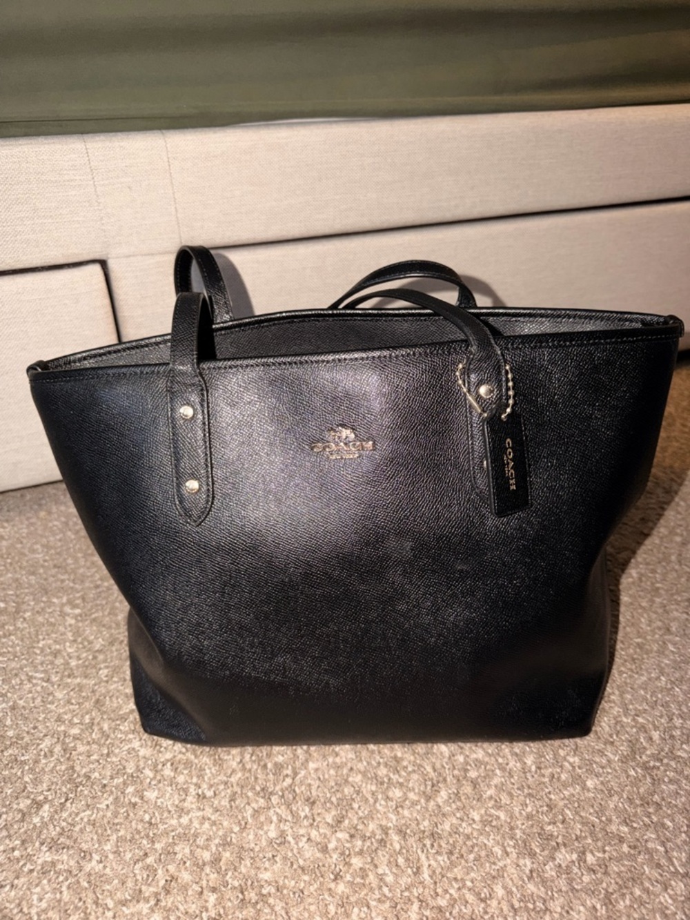 Coach Black Leather Messenger Tote with Gold Accent